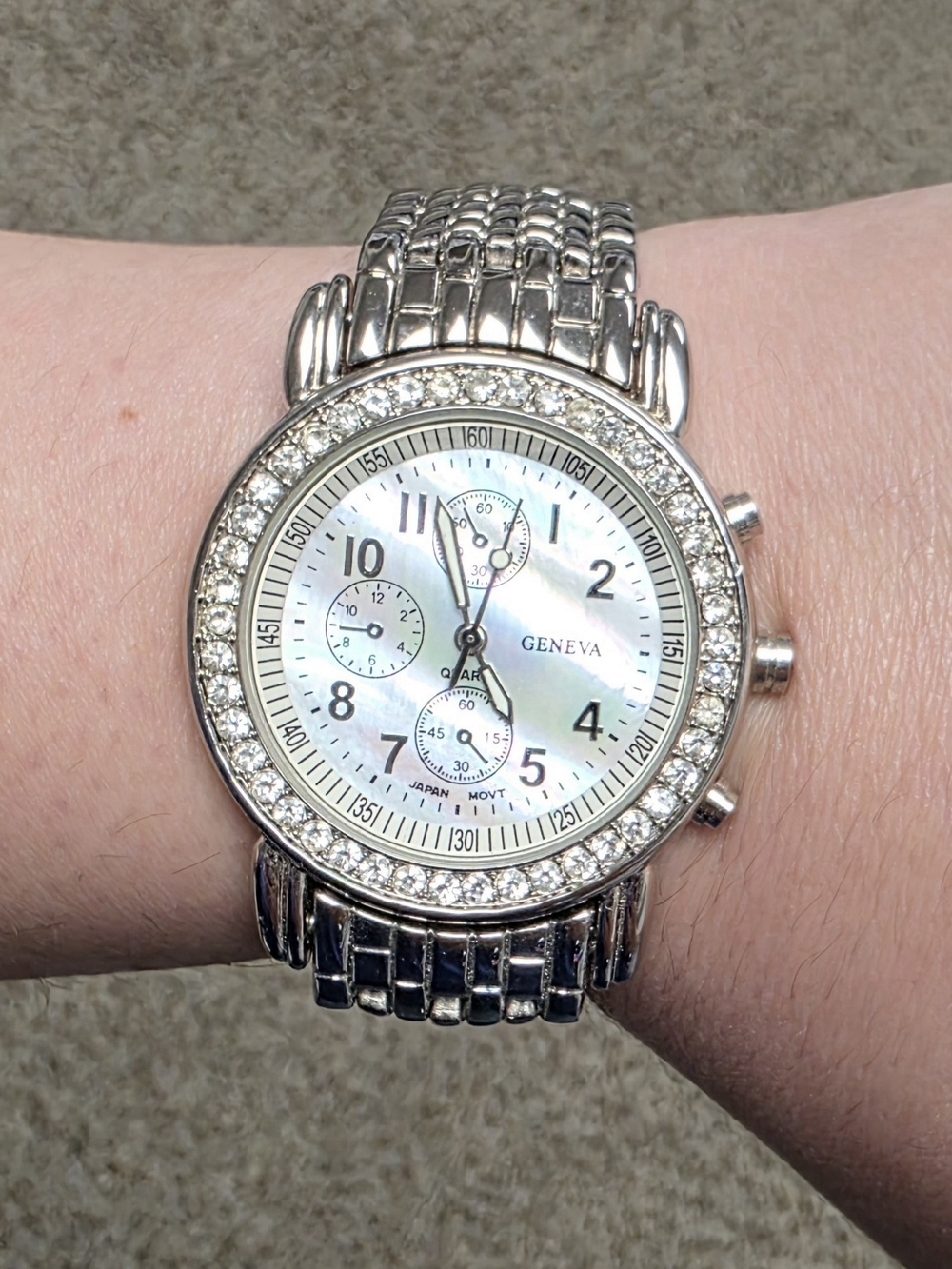 Geneva Silver Crystal-Trim Women's Watch with Mother-of-Pearl Dial